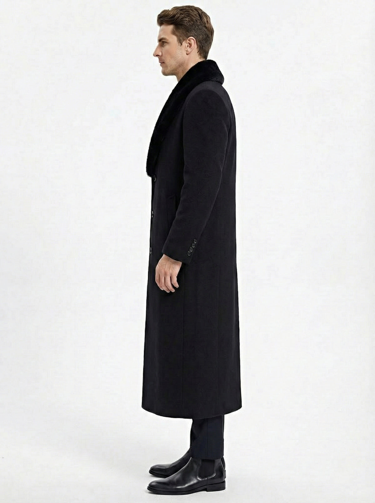 Mens Black Long Overcoat with Faux Fur Collar, Full Length Winter Topcoat for Formal and Business Wear