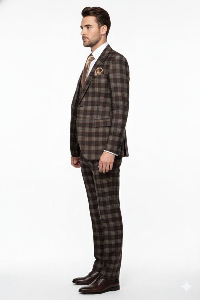 Mens Brown Plaid Windowpane Three-Piece Suit Set Classic Slim Fit Jacket, Double-Breasted Vest and Modern Fit Pants  By Rossiman