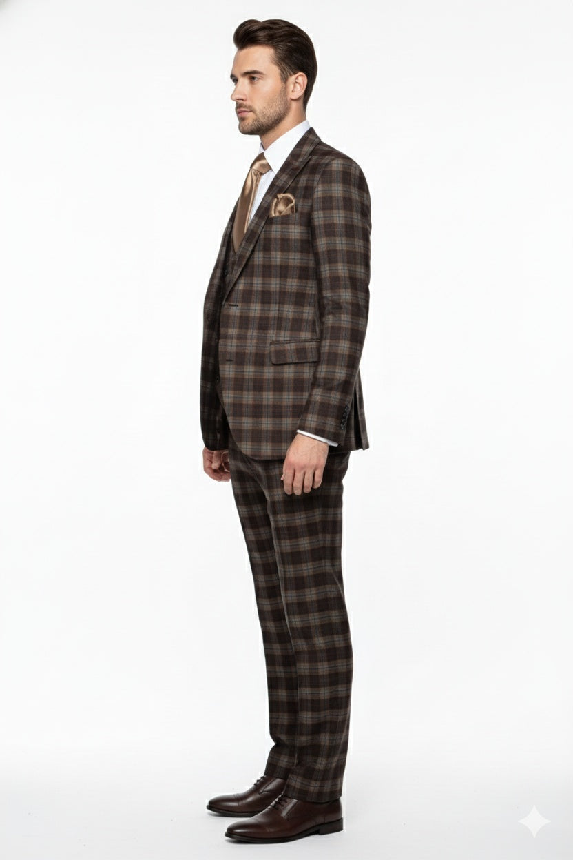 Mens Brown Plaid Windowpane Three-Piece Suit Set Classic Slim Fit Jacket, Double-Breasted Vest and Modern Fit Pants  By Rossiman