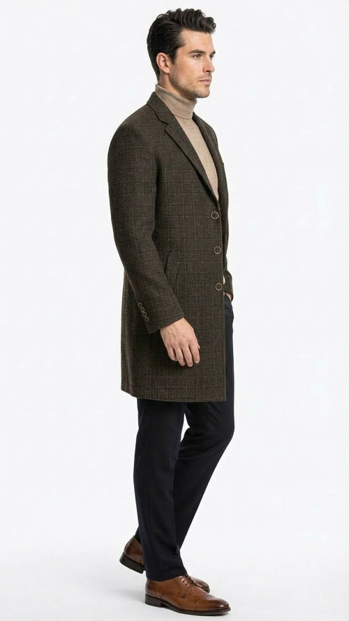 Mens Brown Checkered Wool Overcoat Long Winter Coat with Classic Plaid Pattern By Statement