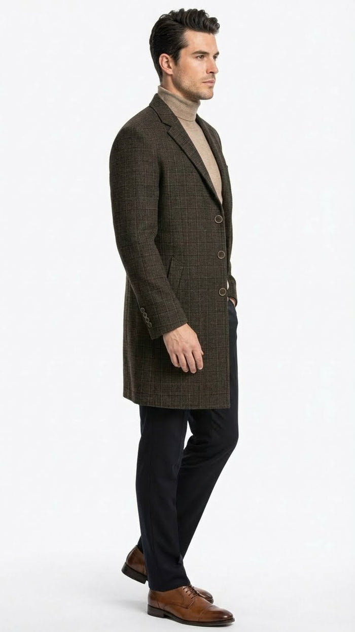 Mens Brown Checkered Wool Overcoat Long Winter Coat with Classic Plaid Pattern By Statement