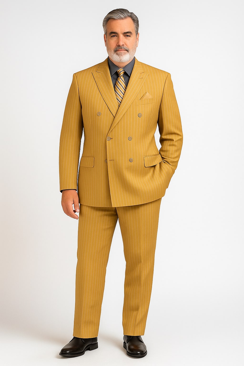 Mens Camel Tan Pinstripe Double-Breasted Suit – Bold 6-Button Modern Vintage Style - 34 Short or Extra Small