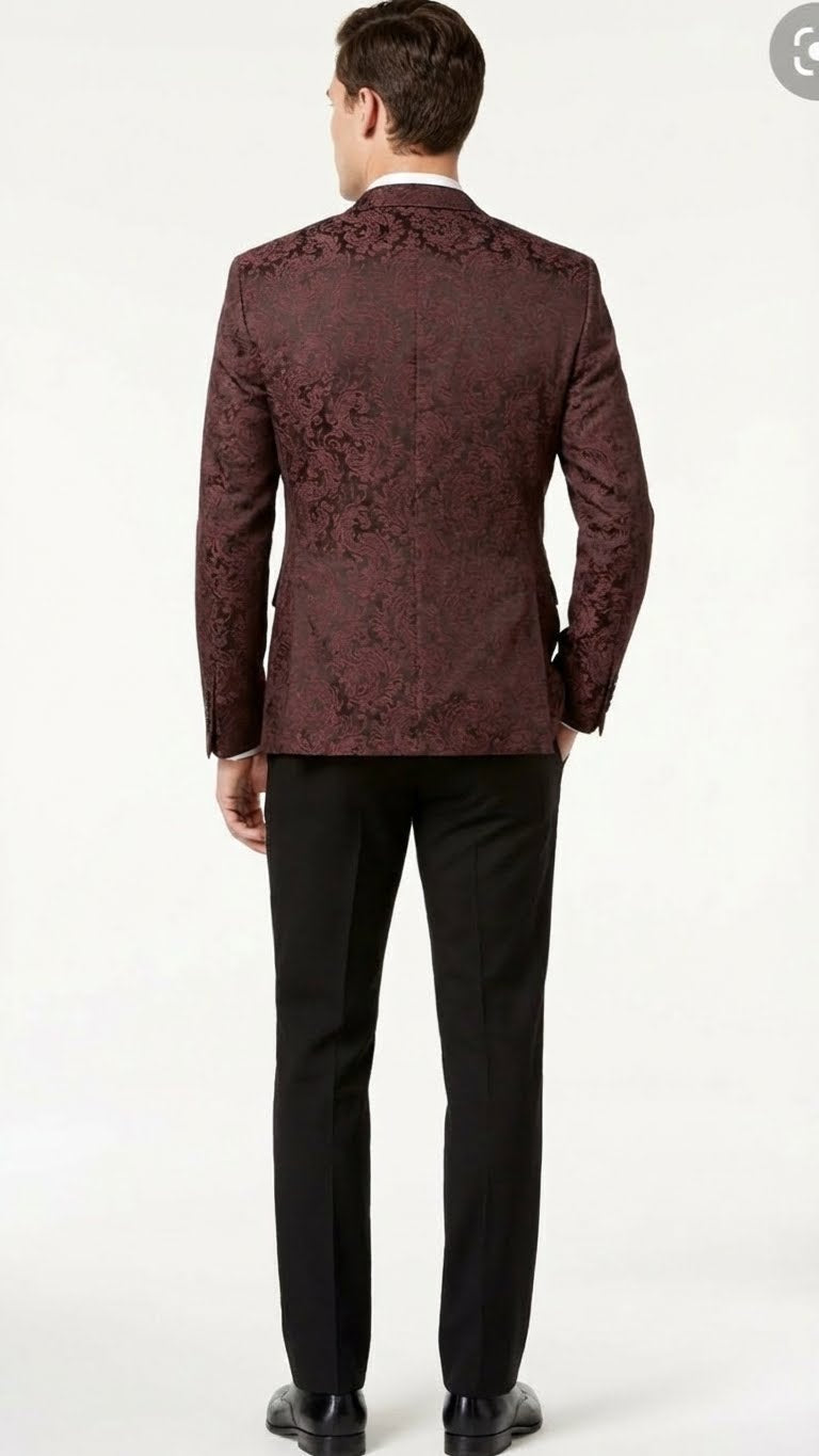 Men’s Burgundy Paisley Blazer Sport Coat – Velvet Dinner Jacket floral in Maroon Wine Color Ultra Slim Fit Smoking Jacket - 36 Short