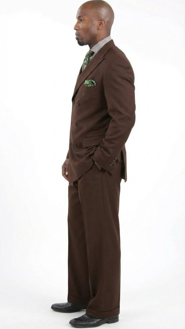 Mens 6 on 3 Style Brown Double Breasted Suit with Wide Leg Pleated Pants, Classic Formal 2 Piece Dress Suit Set - 34 Short or Extra Small