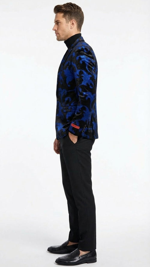 Mens Black and Royal Blue Patterned Blazer Paisley Floral Sport Coat Prom Jacket