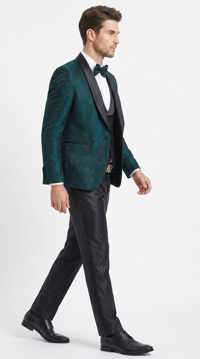 Tazzio Men’s Hunter Green & Black Paisley Tuxedo – Skinny Fit Shawl Collar 3-Piece Prom and Wedding Suit - 34 Short or Extra Small