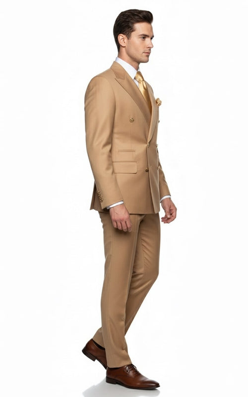 Mens Camel - Bronze - Goldish khaki Double-Breasted Suit Luxury 2-Piece Formal Set with Gold Buttons and Peak Lapels by Rossi Man