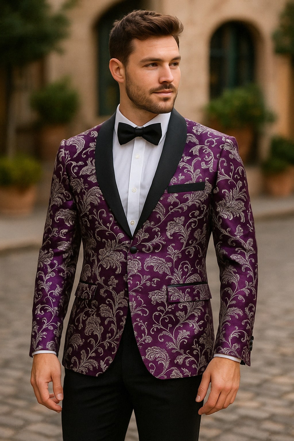 Mens Purple and White Paisley Floral Brocade Tuxedo Jacket - Suit with Satin Lapel Wtih Black Pants - 34 Short or Extra Small