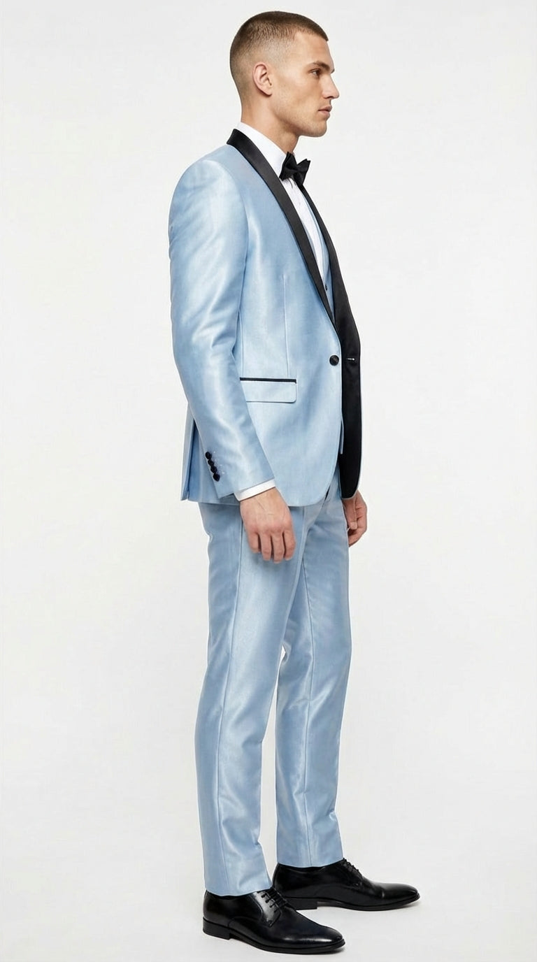 Men’s Light Blue Shiny 3 Piece Suit with Black Shawl Lapel | Formal Wedding Prom Suit - Sateen Sharskin Suit - 34 Short or Extra Small