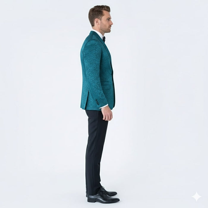 Mens Teal Blue Paisley Tuxedo Jacket Elegant Shawl Lapel Dinner Blazer for Weddings, Prom and Formal Events - Greenish Blue