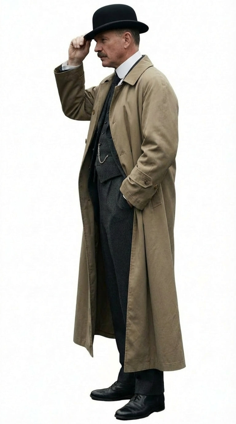 Men’s Beige Cotton Trench Coat Suit Package – Classic Long Overcoat for Formal + Suit + Hat - Coat Size 38