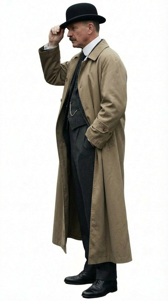 Mens Beige Cotton Trench Coat Suit Package Classic Long Overcoat for Formal + Suit + Hat