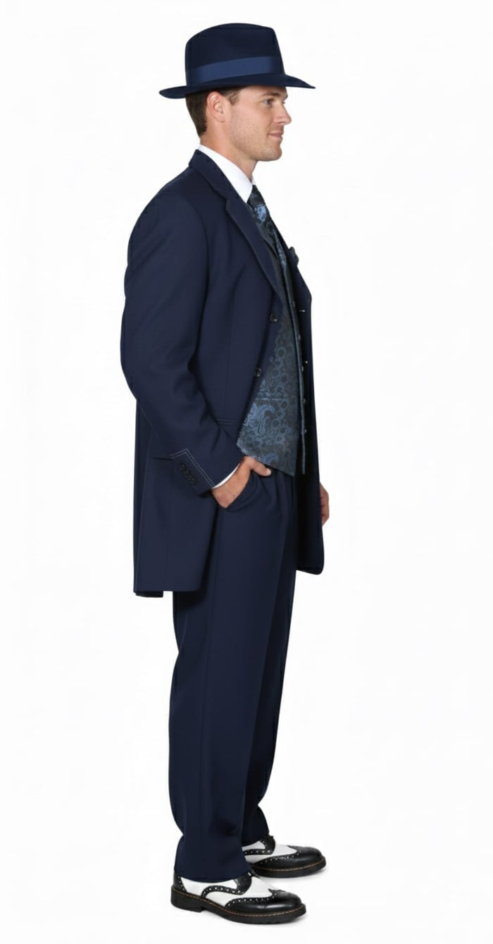 Mens 1920s Navy Blue Zoot Suit Vintage Gangster 3-Piece Long Jacket Suit Classic Fit Pleated Pants
