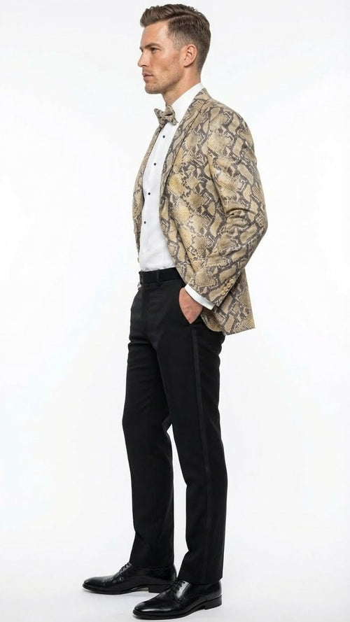 Mens Beige and Black Snakeskin Print Blazer Alligator Crocodile Exotic Sking Sport Coat Jacket in Tan Camel Color