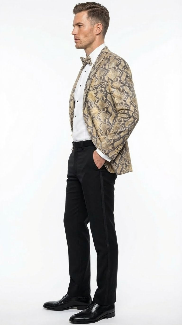 Men’s Beige and Black Snakeskin Print Blazer – Alligator Crocodile Exotic Sking Sport Coat Jacket in Tan Camel Color - 36 Short