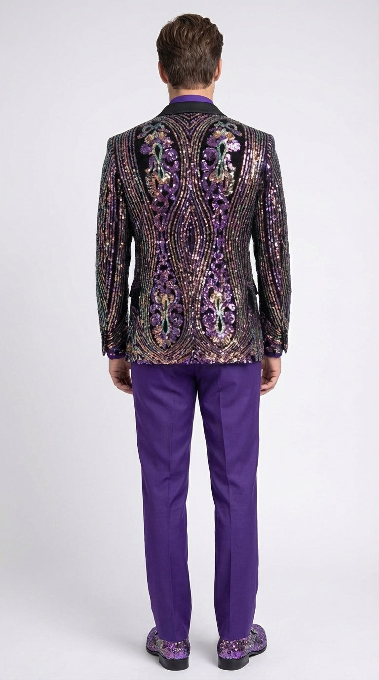 Mens Mardi Gra Black and Purple and Gold Sequin Tuxedo Jacket Set – Designer with Floral Pattern Jacket Formal Wedding Party Wear Bowtie - 36 Short