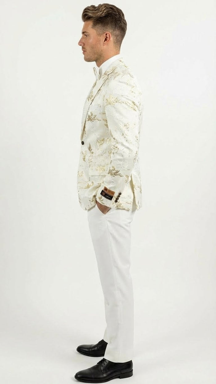 Mens White and Gold Patterned Blazer Paisley Floral Pattern Prom Wedding Suit Tuxedo Dinner Jacket + Bowtie