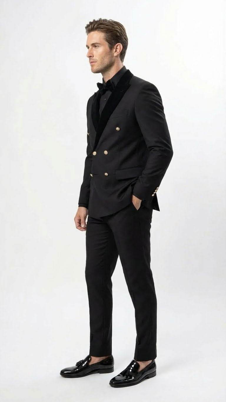 Men’s Black Double Breasted Tuxedo Suit – Luxury Formal Dinner Jacket Gold Buttons Velvet Lapel - 34 Short or Extra Small
