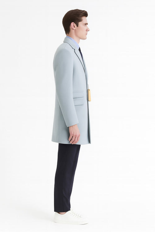 Mens Light Blue Wool Overcoat Modern Long Coat with Classic Tailored Fit in Sky Blue