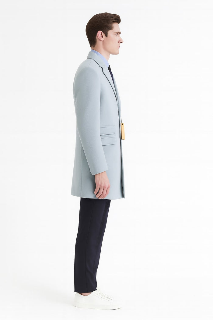 Mens Light Blue Wool Overcoat Modern Long Coat with Classic Tailored Fit in Sky Blue