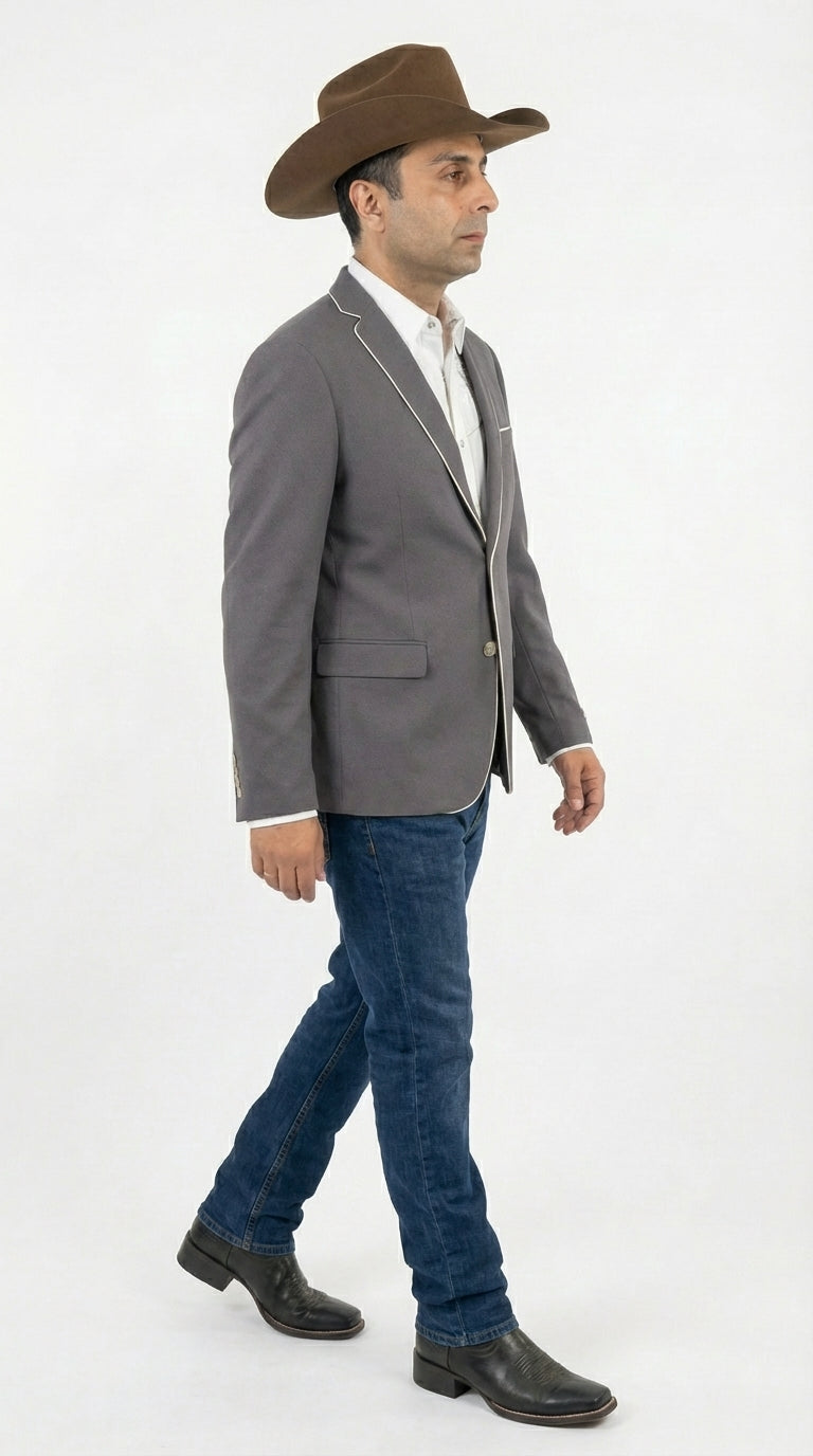 Mens Grey and White Trim Western Blazer – Classic Fit Cowboy Style Contrast Trim Dress Jacket - 34 Short
