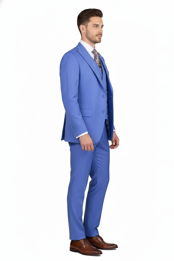 Mens Light Blue Double-Breasted 3-Piece Suit Set Tailored Fit Formal Business Suit in Steel Blue Sky Blue Color