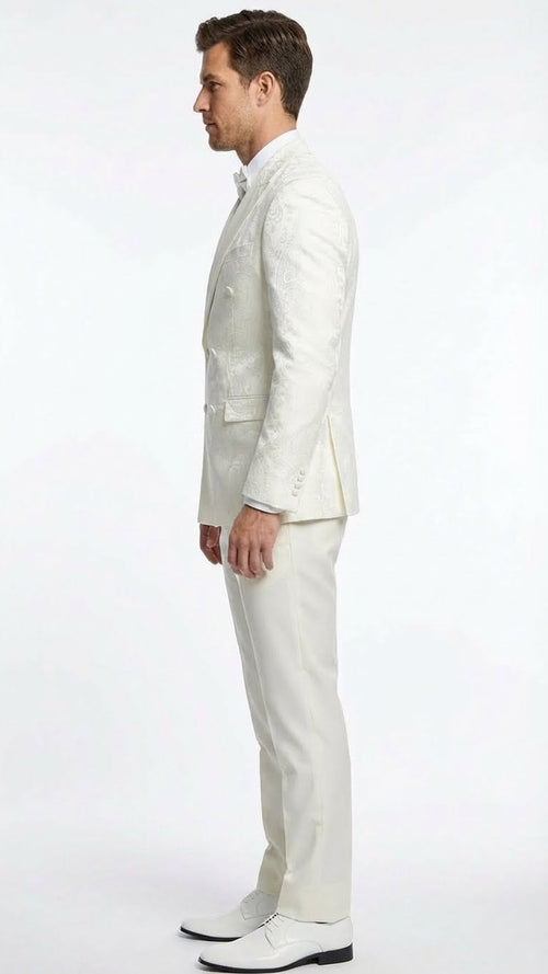 Mens Ivory Double Breasted Tuxedo Dinner Jacket Textured Blazer Paisley Texture Pattern in Off White Cream Color + Bowtie