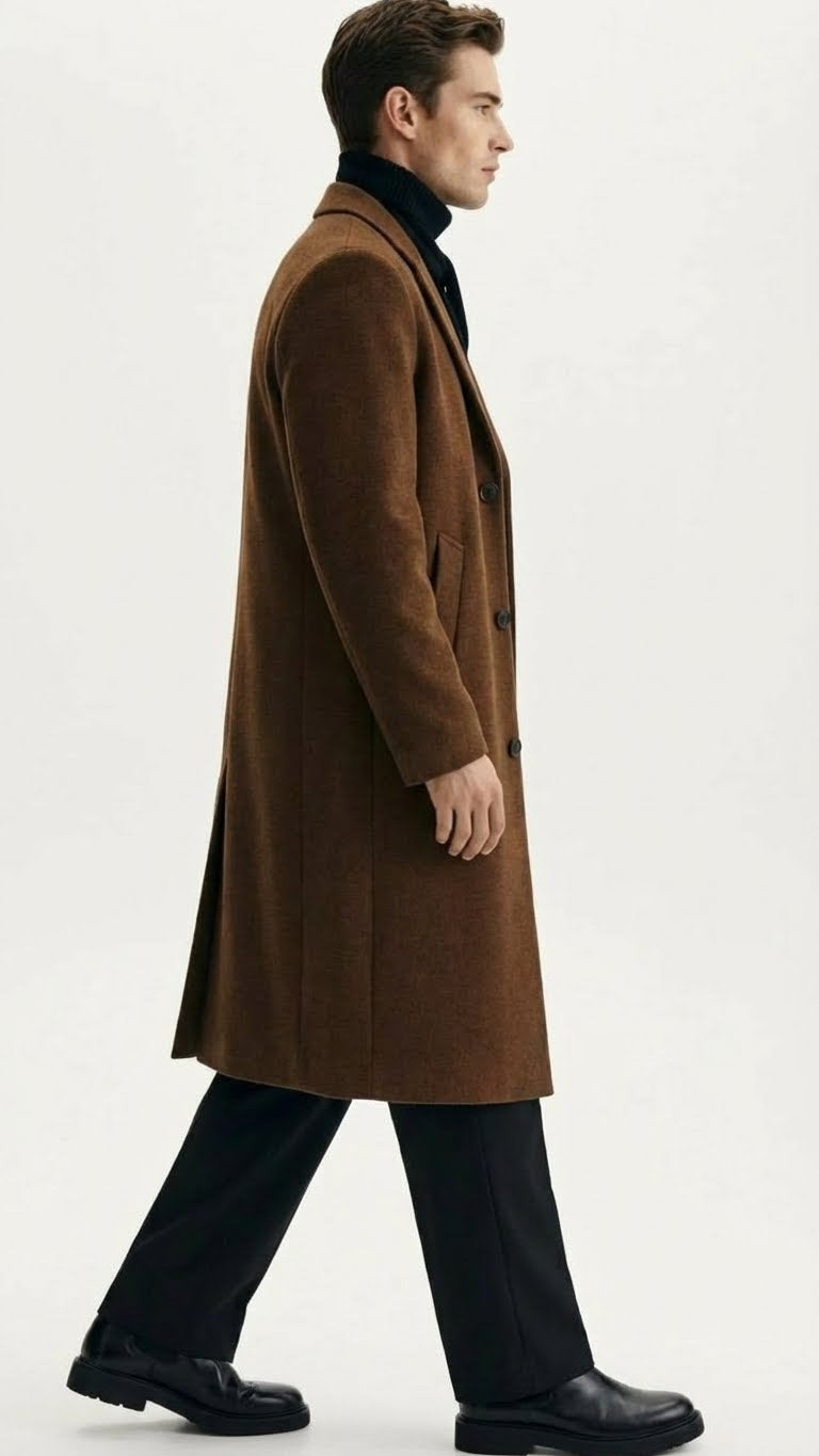 Men’s Brown Long Wool Overcoat – Topcoat Wool Carcoat Three Quarter - Coat Size 38