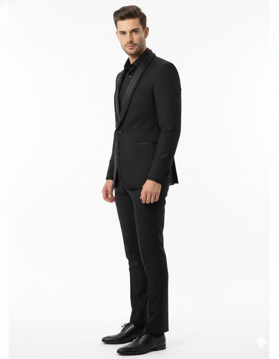 Mens Classic Black Designer Tuxedo Suit with Beaded Lapel â€“ Elegant Formal and Party Wear Jacket and Pants - S