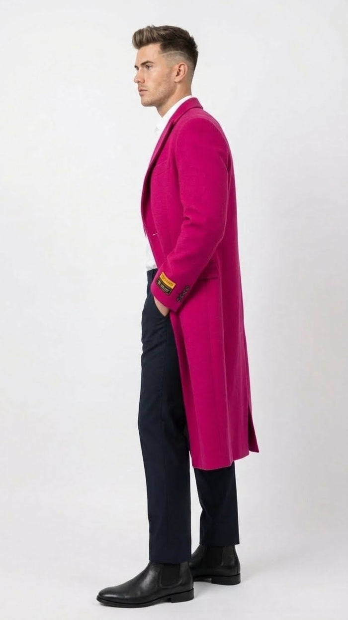 Mens Hot Pink Wool Blend Overcoat Topcoat Carcoat Winter Fabric