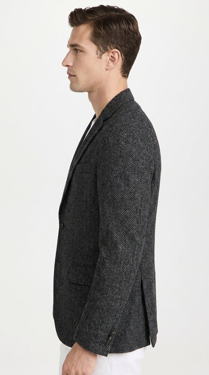 Men’s Charcoal Herringbone Tweed Sport Coat – Classic Textured Wool-Style Blazer