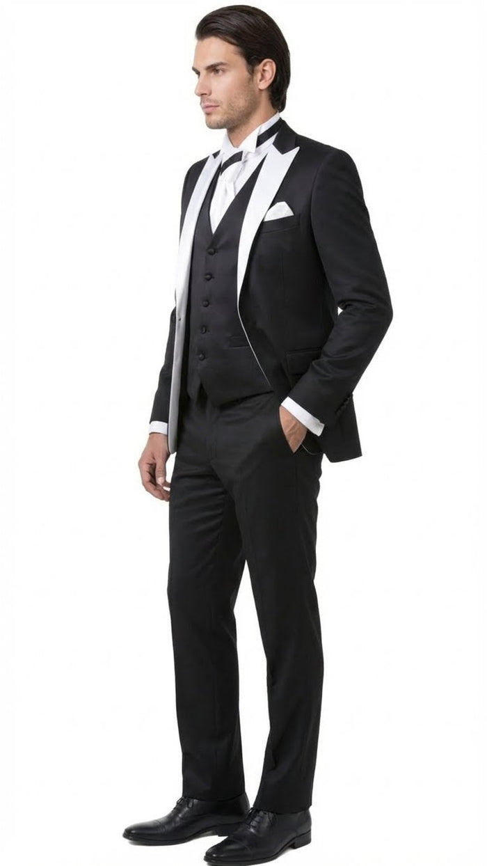 Mens Black and White Lapel Prom Tuxedo Suit + Black Vest + Black Pants Peak Lapel