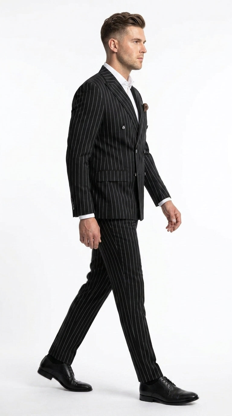 Men's Black Pinstripe Tuxedo Suit – Classic  & 1920s Gangster Formal Wear Vintage 1940s 1930s Look - 34 Short or Extra Small