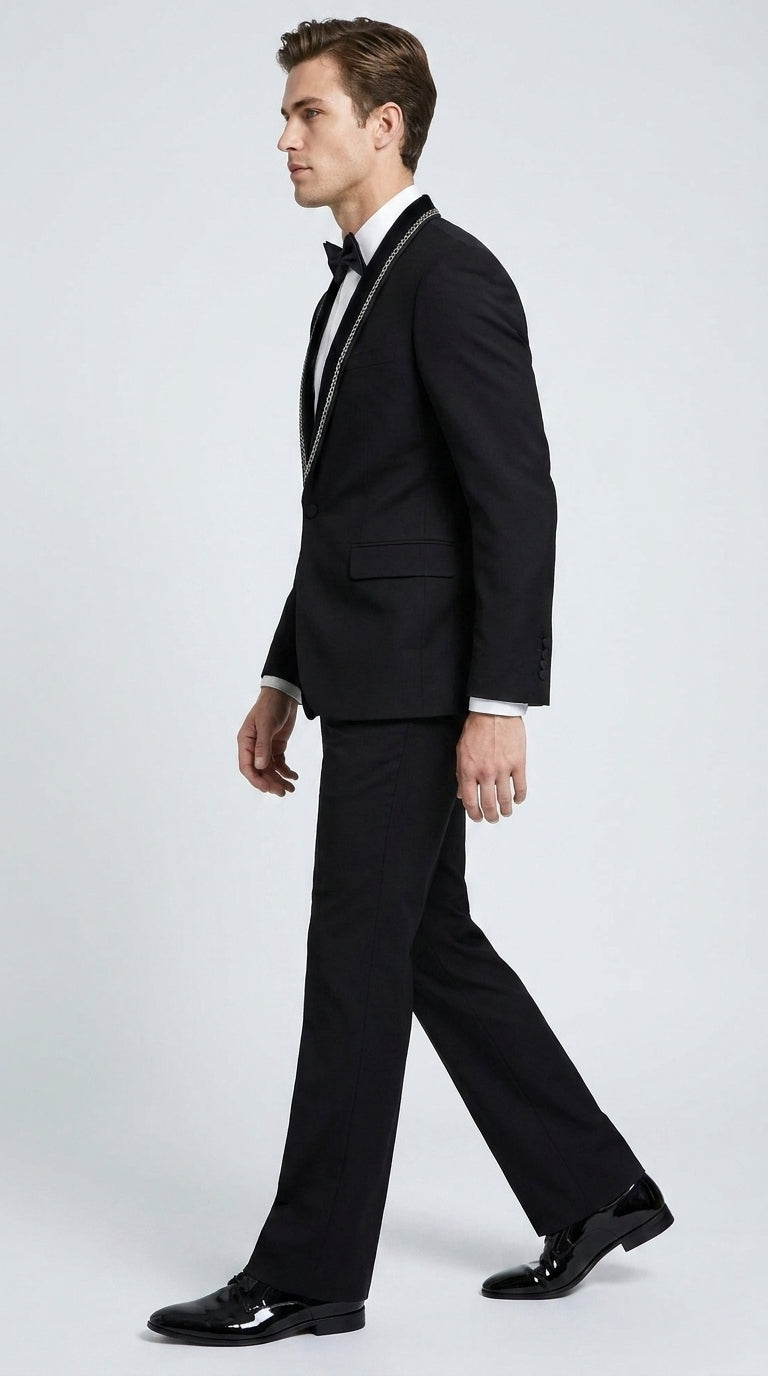 Men’s 1970s Style Black Boot Cut Tuxedo Suit – Shawl Lapel Wedding, Prom and Formal 2-Piece Suit - 34 Short or Extra Small