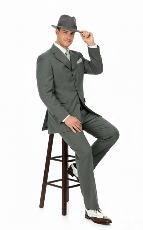Mens 1920s Gray Zoot Suit 4 Buttons  Gangster Wide Lapel Long Jacket 3-Piece Suit in Grey Color Classic Fit Pleated Pants