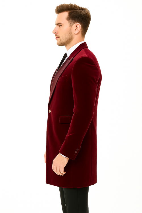 Mens Burgundy Tuxedo in  Velvet  Long Blazer Victorian Cutaway Tuxedo Suit 1920s Gangster Style Long Jacket with Black Pants