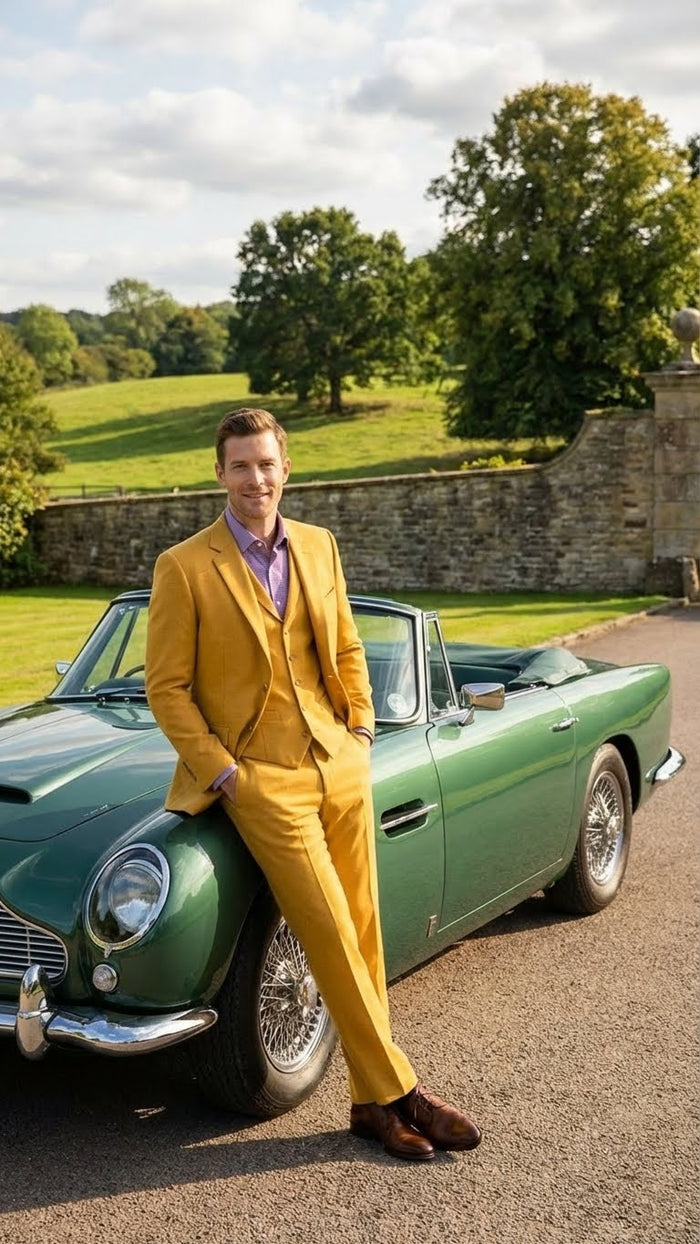 Mens Mustard Yellow Three Piece Suit | 2 Button Notch Lapel Modern Fit in Gold Color - Church Suit