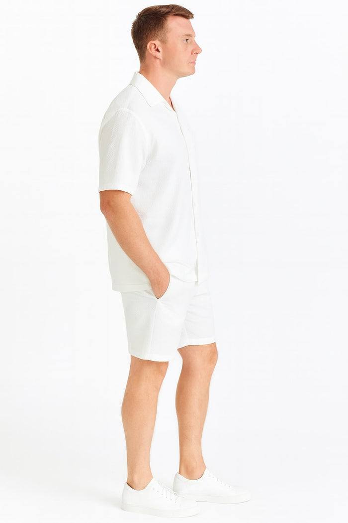 Mens White Seersucker Short Set Lightweight Summer Outfit with Shirt and Shorts