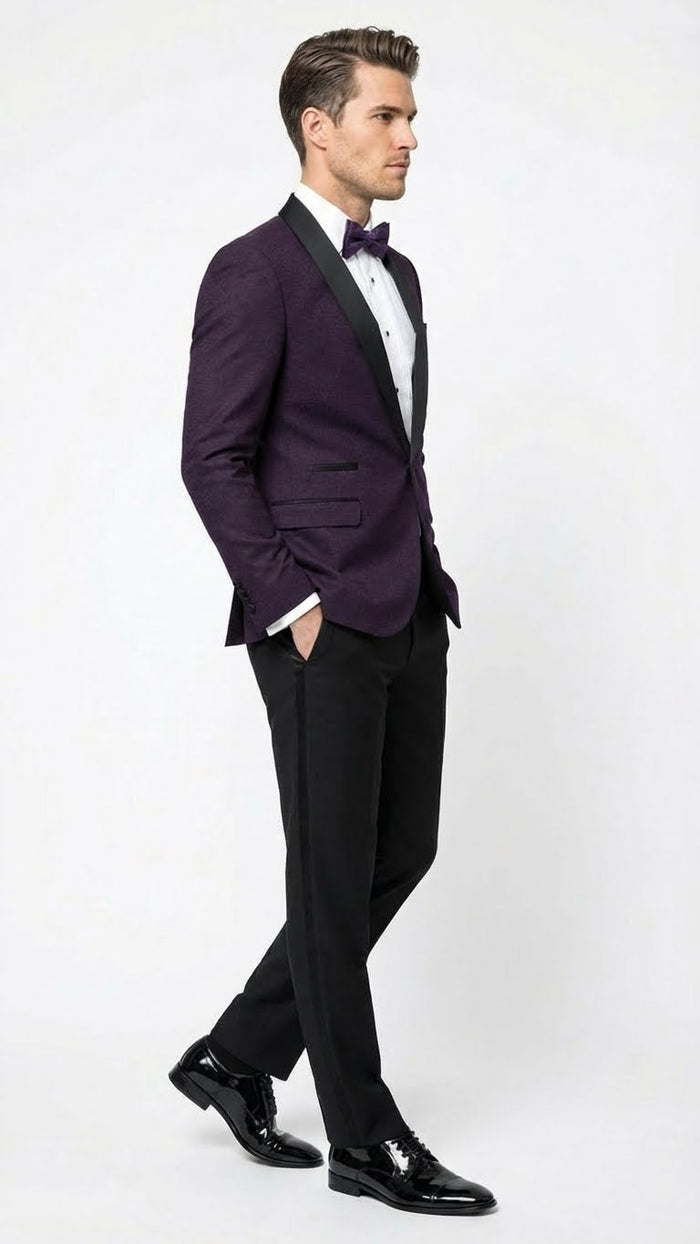 Mens Eggplant Plum Purple Tuxedo Blazer with Satin Lapel, White Tuxedo Shirt and Matching Purple Bow Tie - Slim Fitted - Prom wedding Suit With Pants