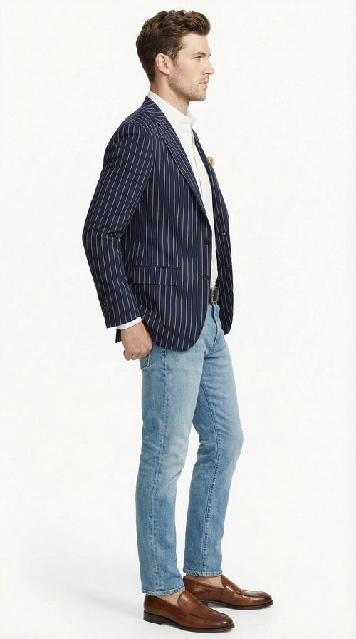 Mens Navy Blue Pinstripe Blazer Classic Tailored Formal Jacket for Business, Office and Smart Casual Wear