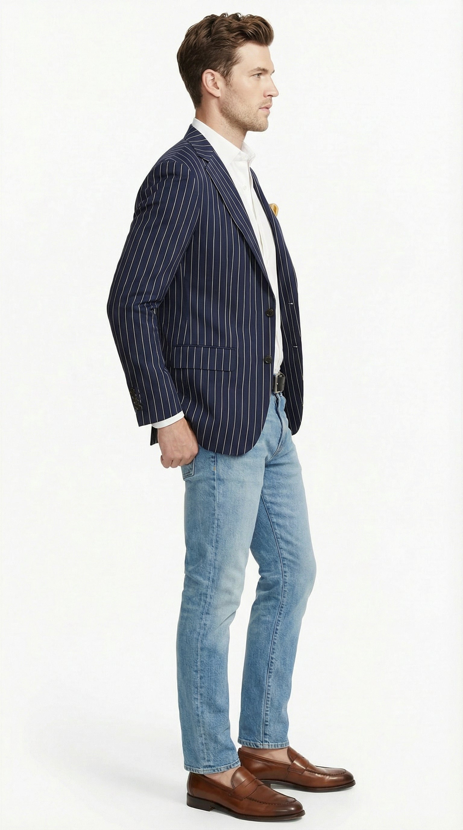 Mens Navy Blue Pinstripe Blazer Classic Tailored Formal Jacket for Business, Office and Smart Casual Wear