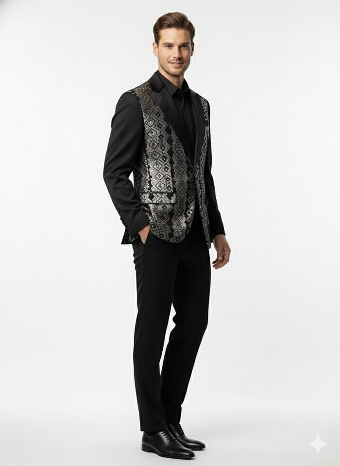 Mens Black and White and Silver Sequin Embroidered Blazer Luxury Designer Party Wear with Geometric Detailing