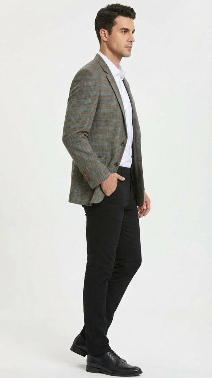 Mens Green Brown and Teal Plaid Sport Coat Tailored Fit Check Blazer Jacket - Tartan Sportcoat