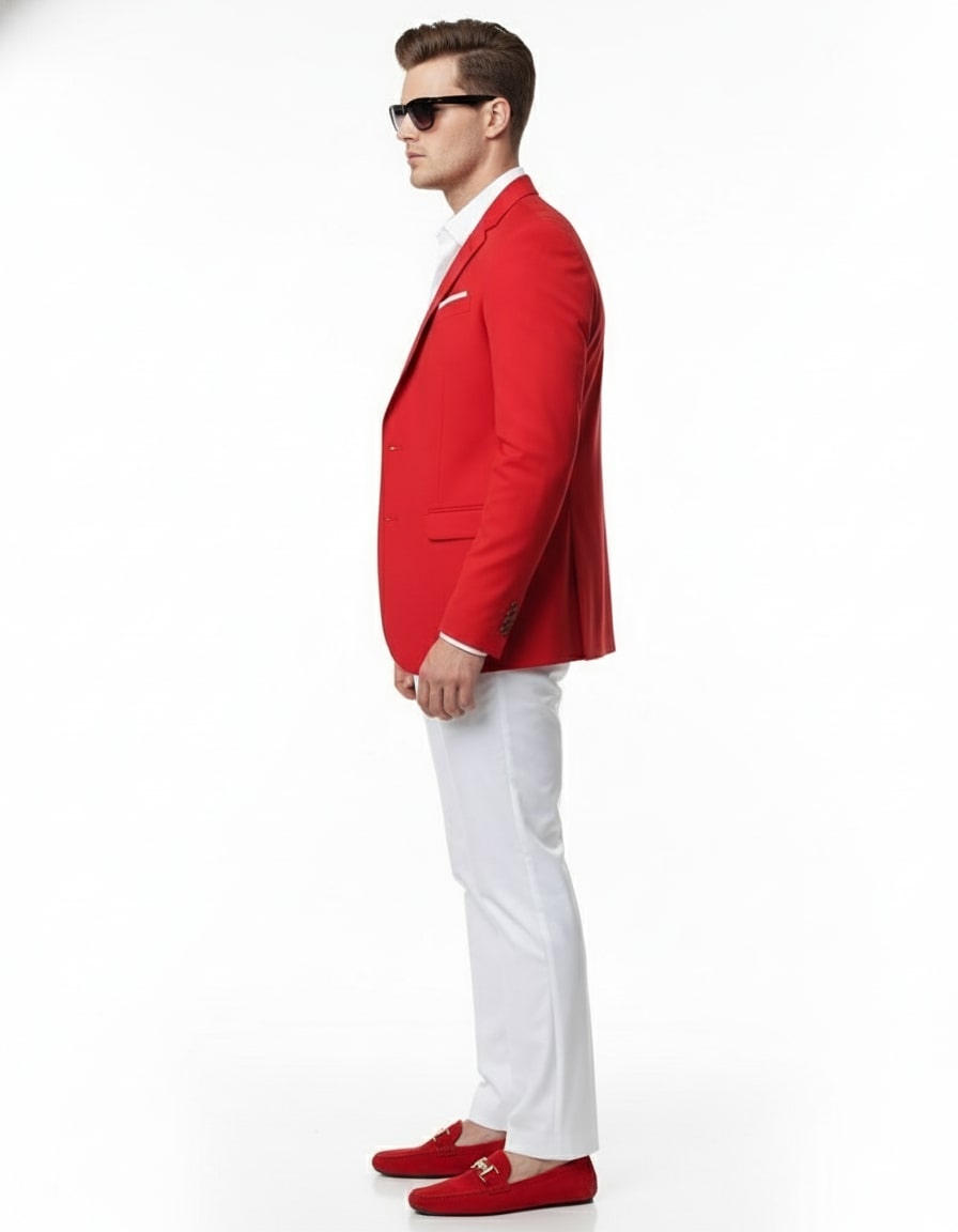 Mens Red Blazer and White Pants Set â€“ Stylish Casual Dress Outfit For New Year Holiday and Christmas Suit - 36 Short