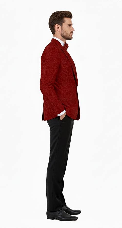 Big and Tall Mens Burgundy Paisley Tuxedo Jacket Satin Shawl Lapel Blazer with Bow Tie for Weddings, Proms, and Special Events