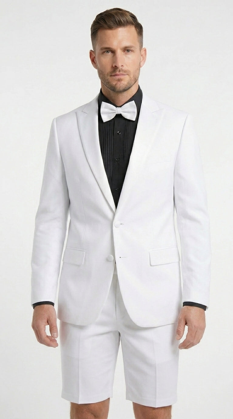 Men’s White Tuxedo Suit with Shorts – Modern Formal Blazer and Short Pants Set for Wedding, Prom Summer Fabric - 34 Short or Extra Small