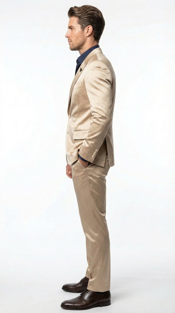Mens Shiny Champagne Gold Two Piece Suit Luxury Formal Satin Finish Suit for Wedding, Party and Evening Wear