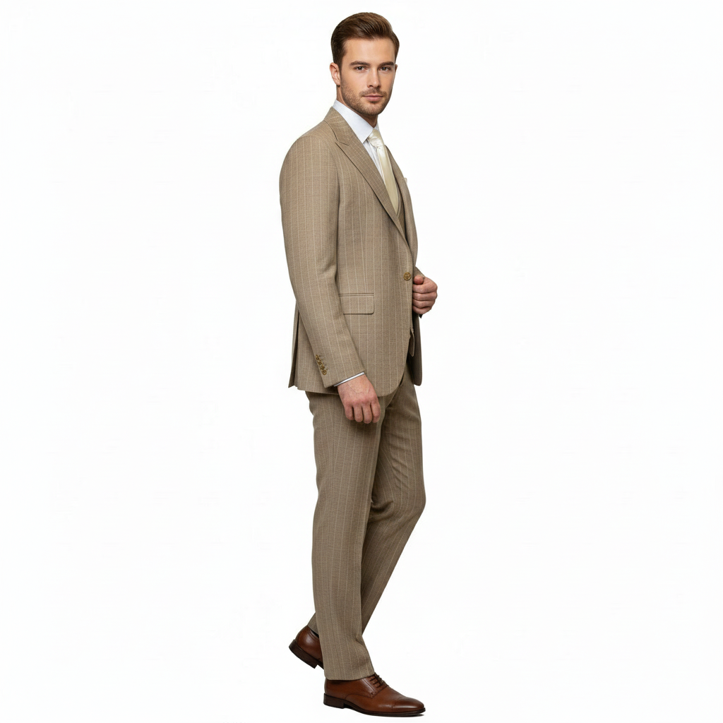 Men’s Beige Pinstripe Three-Piece Suit – Classic Fit Formal Suit with Vest and Flat-Front Pants in Tan Stripe By Rossiman - 34 Short or Extra Small