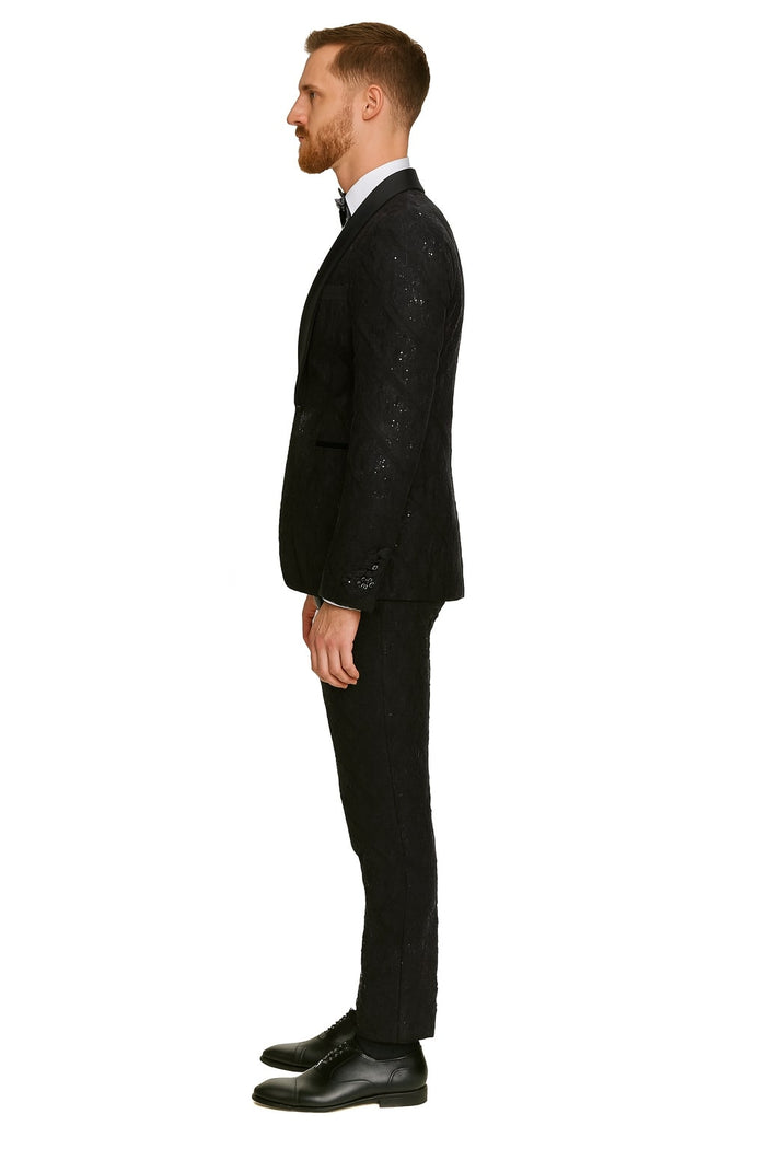 Black Sequin Tuxedo Suit with Satin Shawl Lapel Mens Slim Fit Formal Prom and Wedding Attire