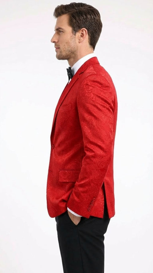 Mens Red Paisley Velvet Blazer - Christmas new year Sport Coat Jacket - Prom 2026 Collection